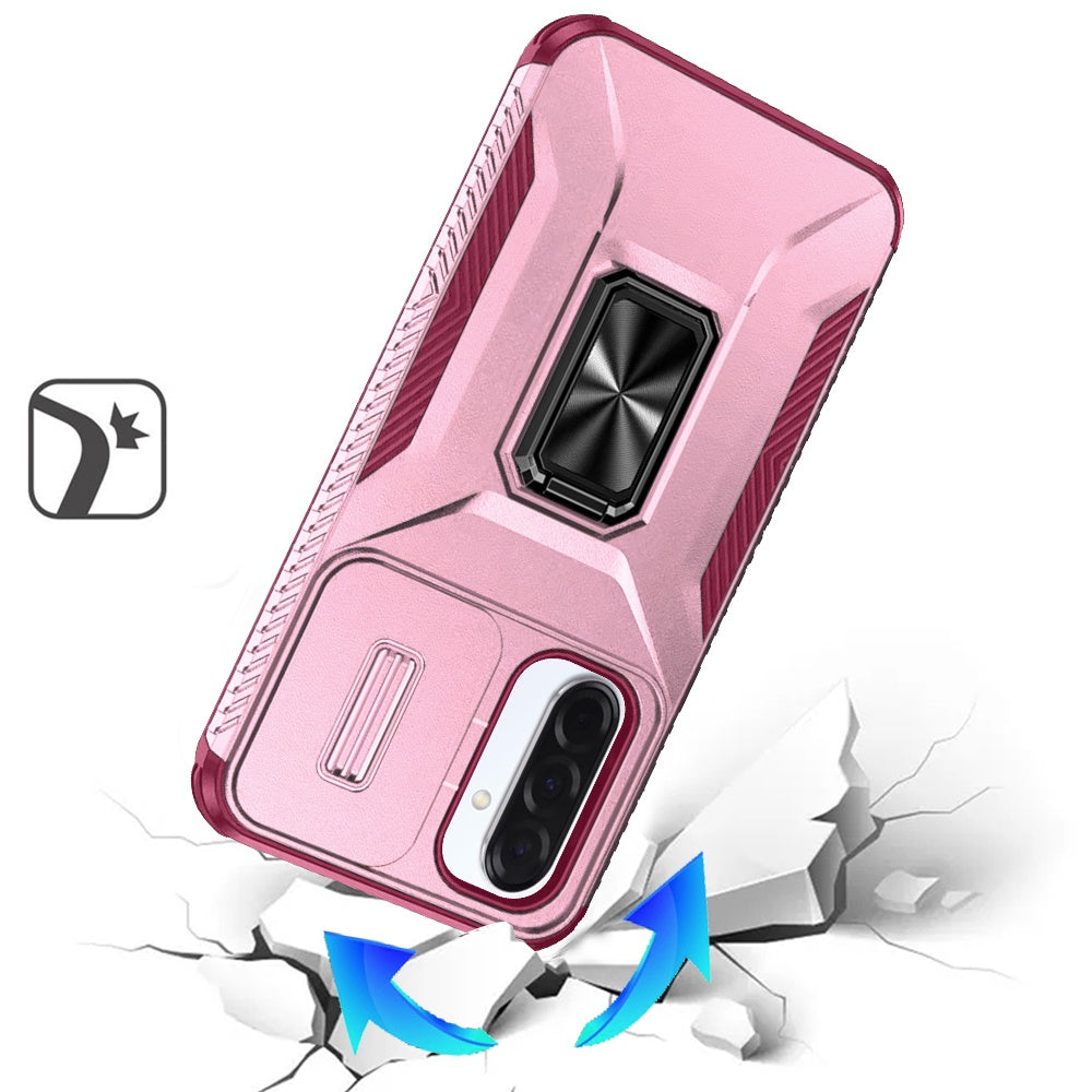 For Samsung Galaxy A17 5G Case, Camera Cover with Magnetic Rotation Ring Stand, Military Grade Hybrid Hard TPU Shockproof Case Cover Pink+Burgundy