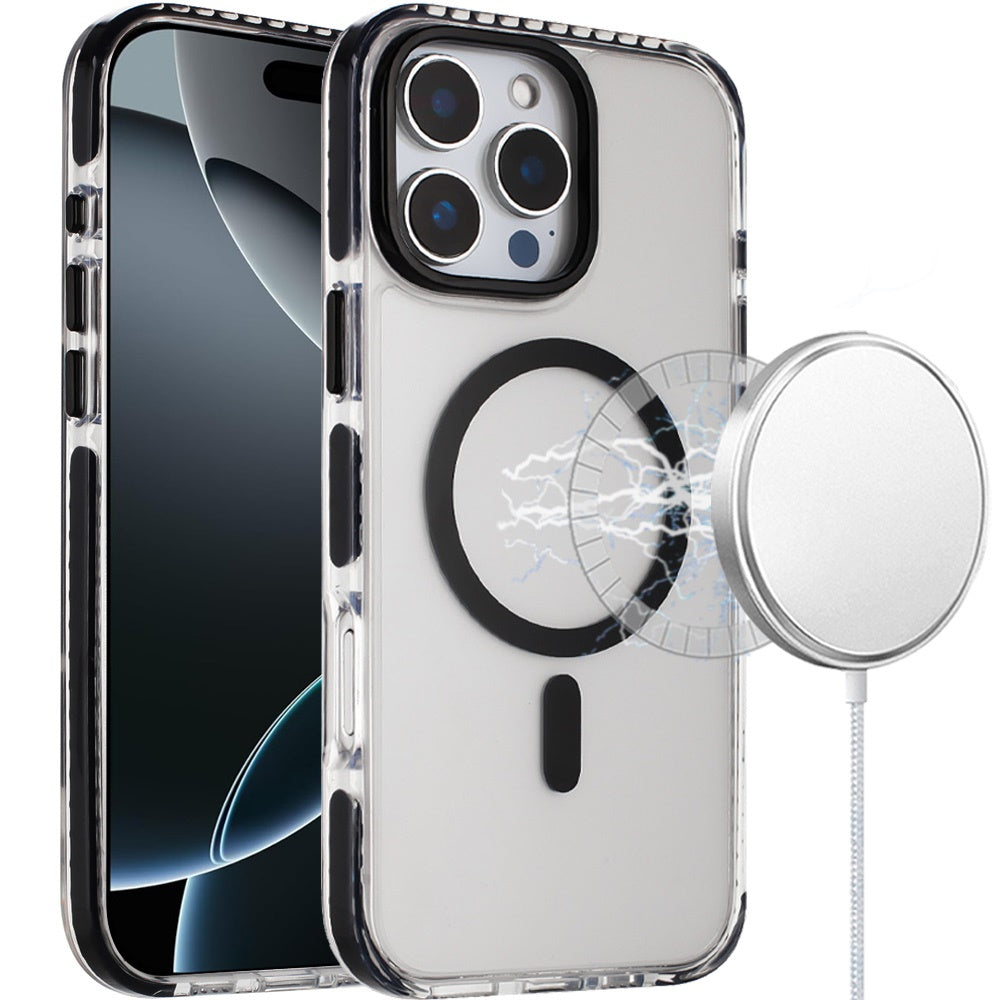 For iPhone 16 Pro Max Transparent Hybrid with Color-Matched Magnetic Circle, Rubber TPU Frame Hard PC Shockproof Case Cover