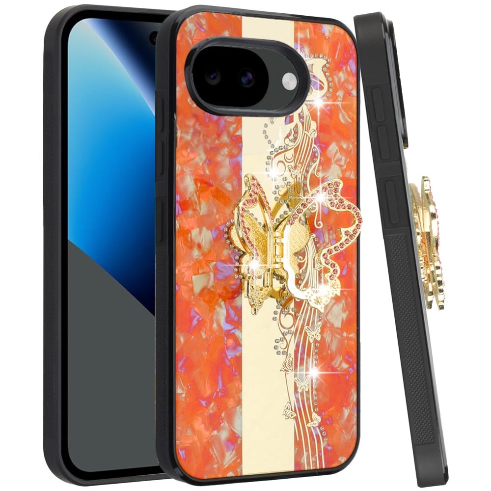 Phone Case for Google Pixel 10A Diamond 3D Fashion Floral Glitter Engraved Luxury Bling Hybrid Shockproof Chrome Edge Protective Grip Cover Enchanted Butterfly Cosmic Orange