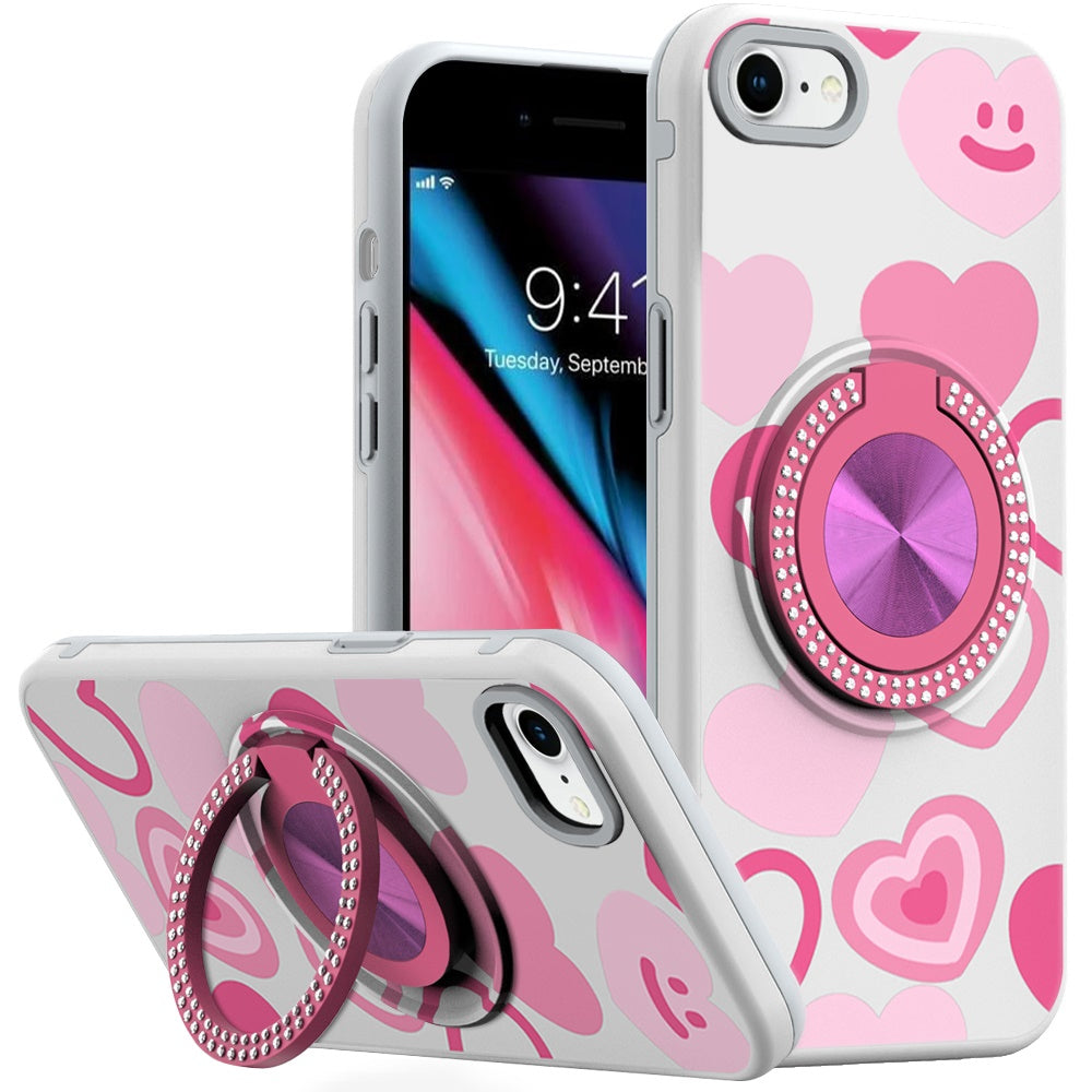 Phone Case for Apple iPhone SE 3 (2022) SE/8/7 Magnetic Ring Stand Matte Metal Hybrid Car Mount Friendly Shockproof Rotational Grip Diamond Design Pattern Cover Hearts