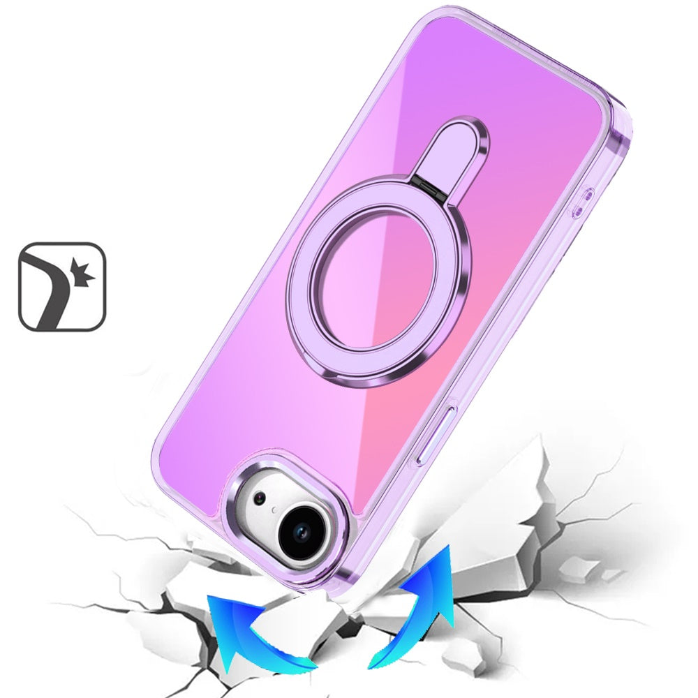 For Apple iPhone 17E /16E Chrome Hybrid with Rotating Magnetic Circle Ring Stand, Slim Shockproof Hybrid Case Cover