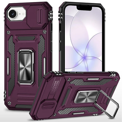 Phone Case for Apple iPhone 17E / iPhone 16E Tough Metal Ring Shockproof Sliding Camera Window Hybrid Armor Rugged Anti Slip Heavy Duty Grip Cover Purple