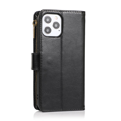For Apple iPhone 16e Leather Wallet Case with Zipper, 9 Card Slots, Cash Pocket, Stand & Strap, Clutch Pouch Design Case Cover Black