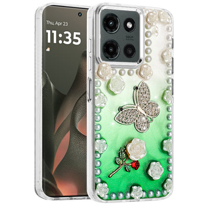 For Motorola Moto G Power 5G 2025 Bling Fashion Design with 3D Pearls Epoxy Glitter Ornaments Chrome Edge Hard Slim PC Case Cover