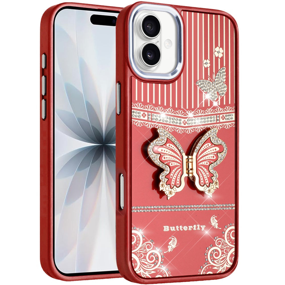 For Apple iPhone 17 (6.3") Glitter 3D Butterfly Design Bling Metallic Edge Hybrid Stand Drop Protection TPU Shockproof Case Cover