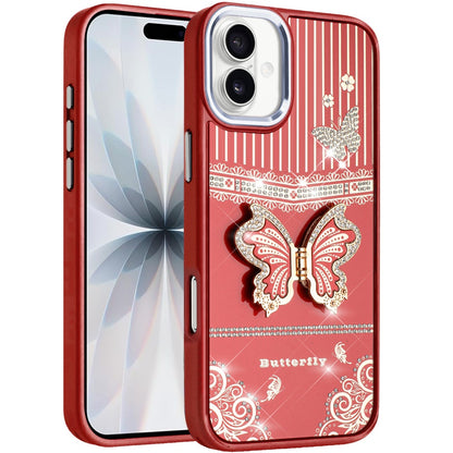 For Apple iPhone 17 (6.3") Glitter 3D Butterfly Design Bling Metallic Edge Hybrid Stand Drop Protection TPU Shockproof Case Cover