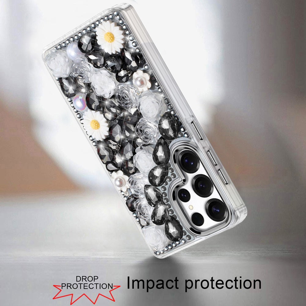 For Samsung Galaxy A57 Fashion Daisy Floral Series, Full 3D Bling Crystal Diamonds Sparkling Rhinestone Glitter Hybrid Design Case Cover