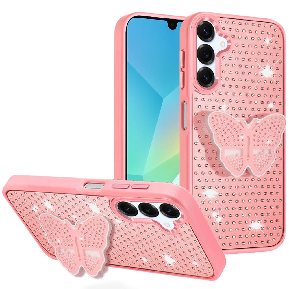 Phone Case for Samsung Galaxy A16 5G Butterfly Grip Pop Stand Diamond Sparkle Hybrid Shockproof Metal Button Slim Protective Grip Decorative Design Cover Pink