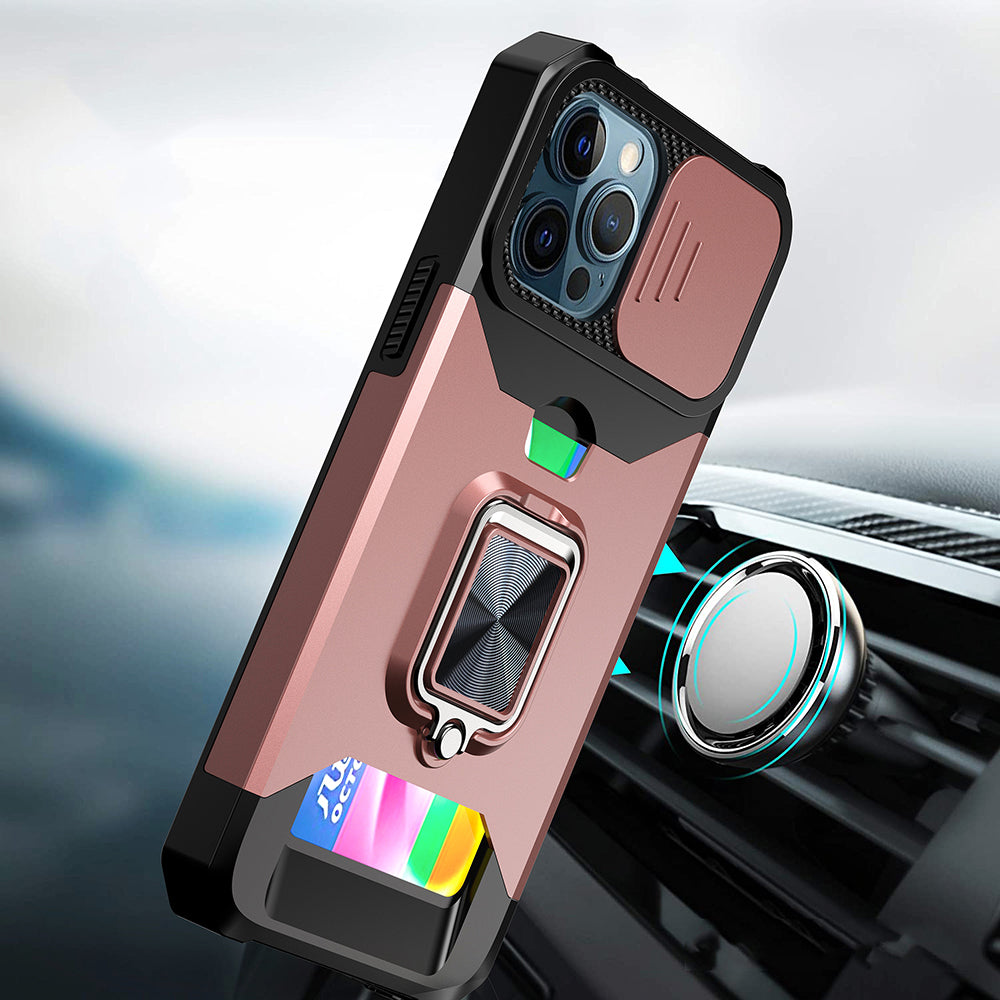 For Motorola Moto G 5G /Moto G 2025 Wallet Case with Ring Stand & Slide Camera Cover Back Credit Card Slot Holder, Military Grade Case Cover Rose Gold