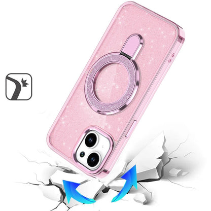 Phone Case for Apple iPhone 15 Transparent Glitter Bling Magnetic Ring Stand Shockproof Anti Slip Rotating Grip Protective Hybrid Durable Armor Cover Pink