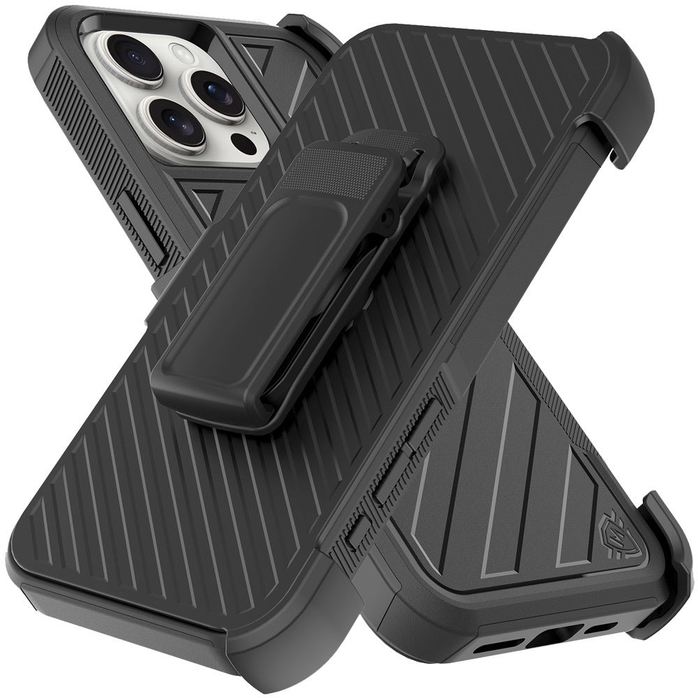 For Apple iPhone 16 Pro Max (6.9") Combo Hybrid lined with Belt Clip Holster Armor Shockproof Rugged Textured 2in1 Non Slip Tough Case Cover Black / Black