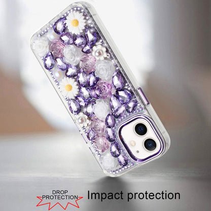 For Apple iPhone 13 Pro Max Fashion Daisy Floral Series, Full 3D Bling Crystal Diamonds Sparkling Rhinestone Glitter Hybrid Design Case Cover Purple
