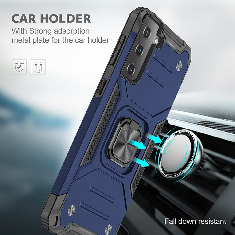 For Samsung Galaxy S21 FE /Fan Edition Armor Hybrid Magnetic Stand with Ring Holder Kickstand Shockproof Heavy-Duty Durable Rugged TPU Dual Layer Case Cover Blue