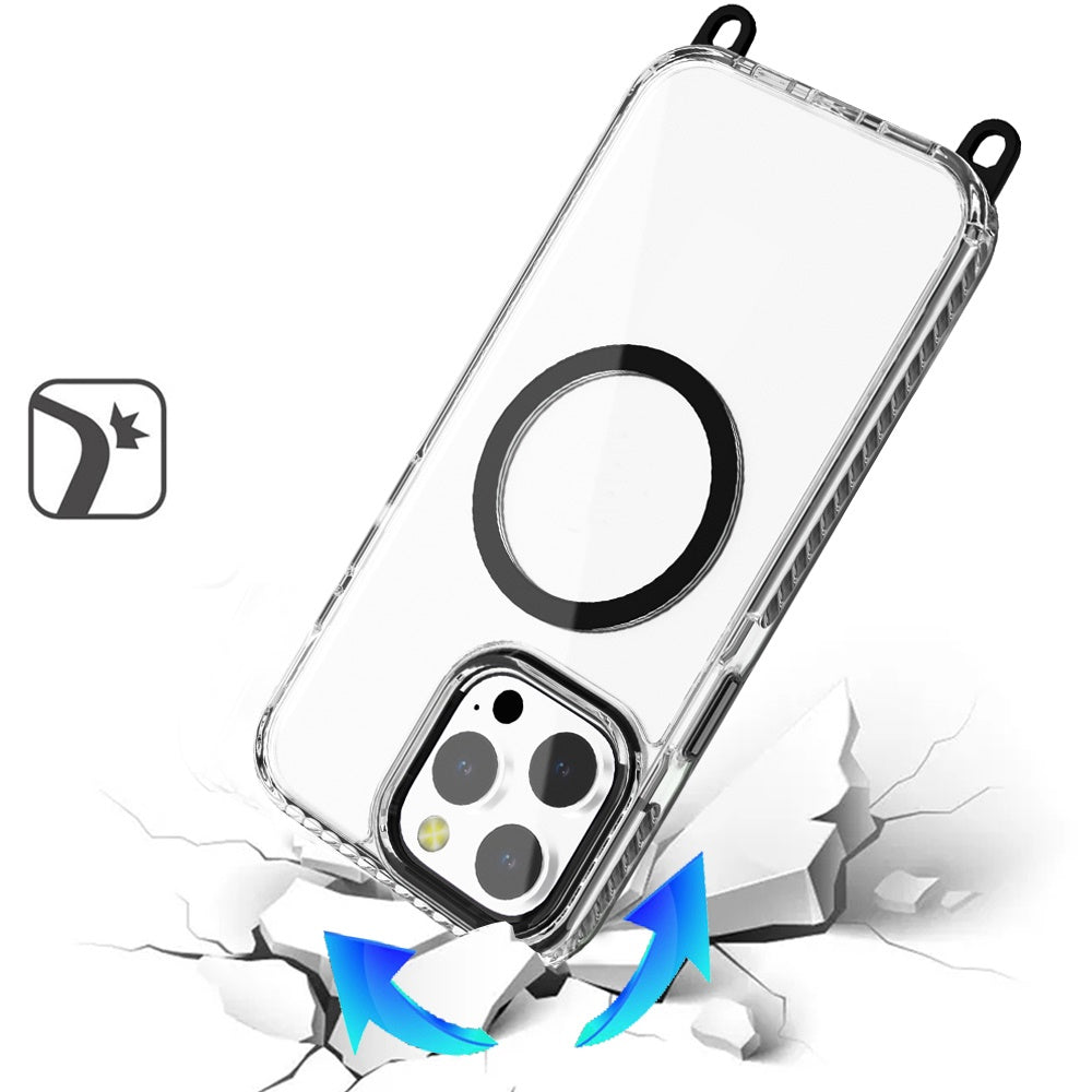 For Apple iPhone 14 Pro Max Clear Magnetic Frame PC Back Shockproof Protective Case with Detachable Lanyard Strap, Compatible with MagSafe Case Cover