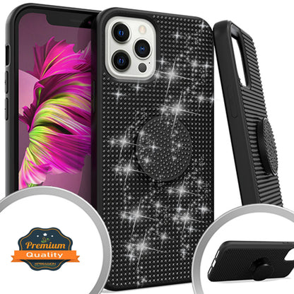 For Apple iPhone 15 Pro (6.1") Luxury Glitter Sparkle Bling Rugged Hybrid with Collapsible Stand Ring Holder Hard Shell  Phone Case Cover