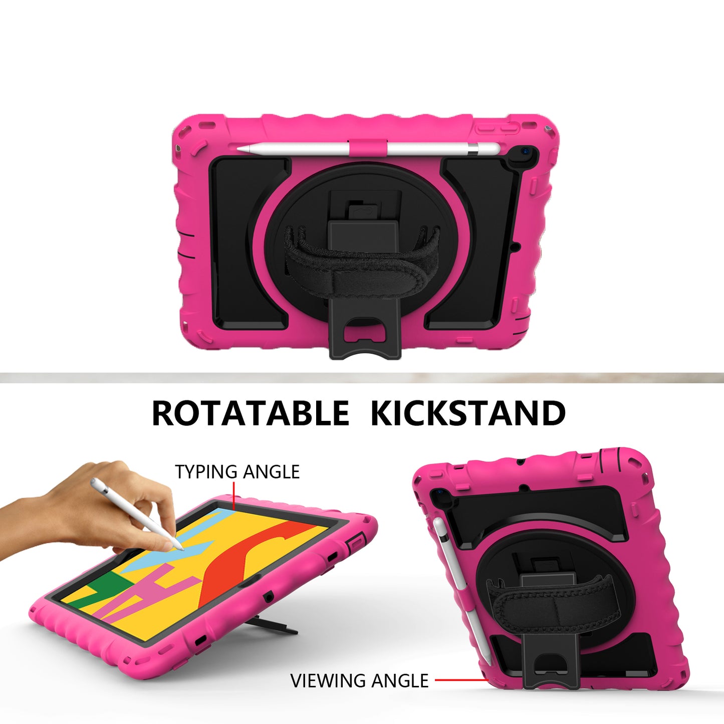 Tablet Case for Apple New iPad (9.7 inch), iPad 6th/5th Gen 2018 2017 360 Rotating Back Hybrid Heavy Duty Kickstand Hand Strap Shoulder Strap Full Body Drop Protection Cover Hotpink