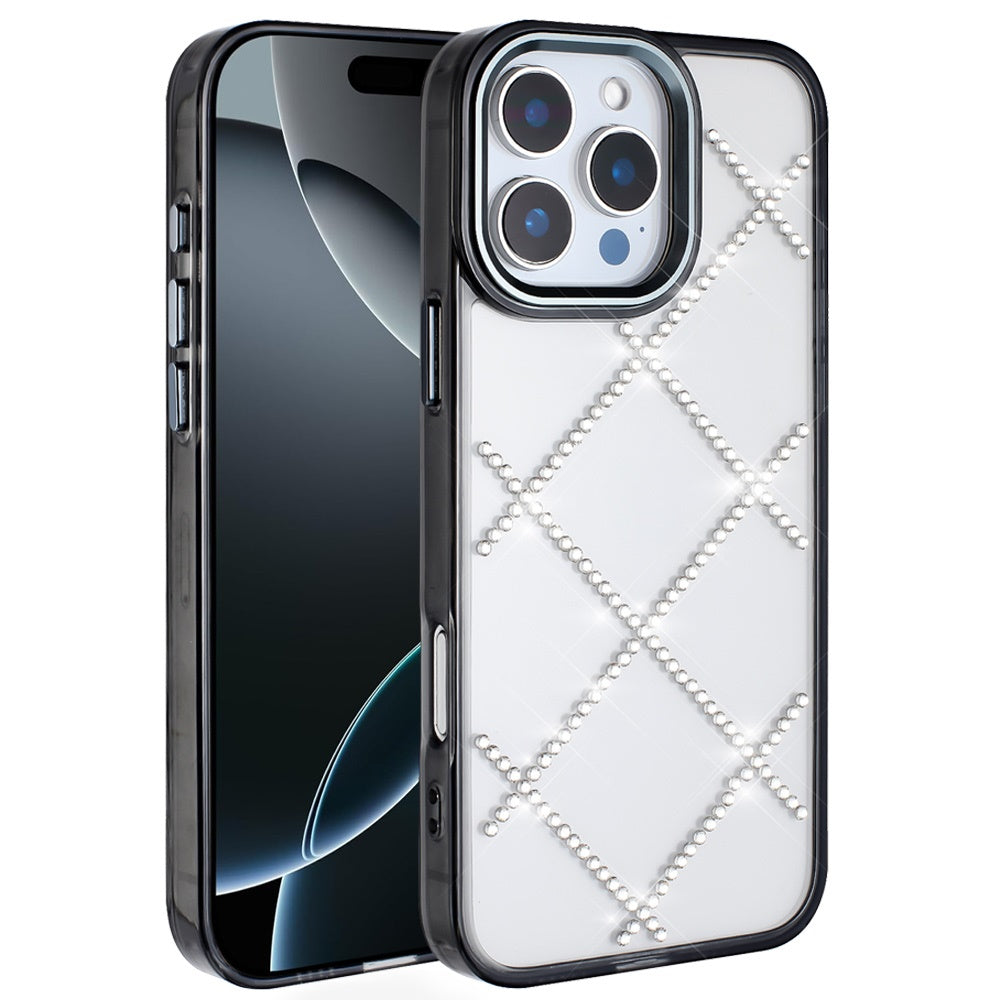For iPhone 16 Pro Max (6.9") Gem Glitter Diamond Bling Clear Hybrid TPU Cover, Colorful Shockproof Protective Back, Slim Fit for Women Girls Case Cover Black