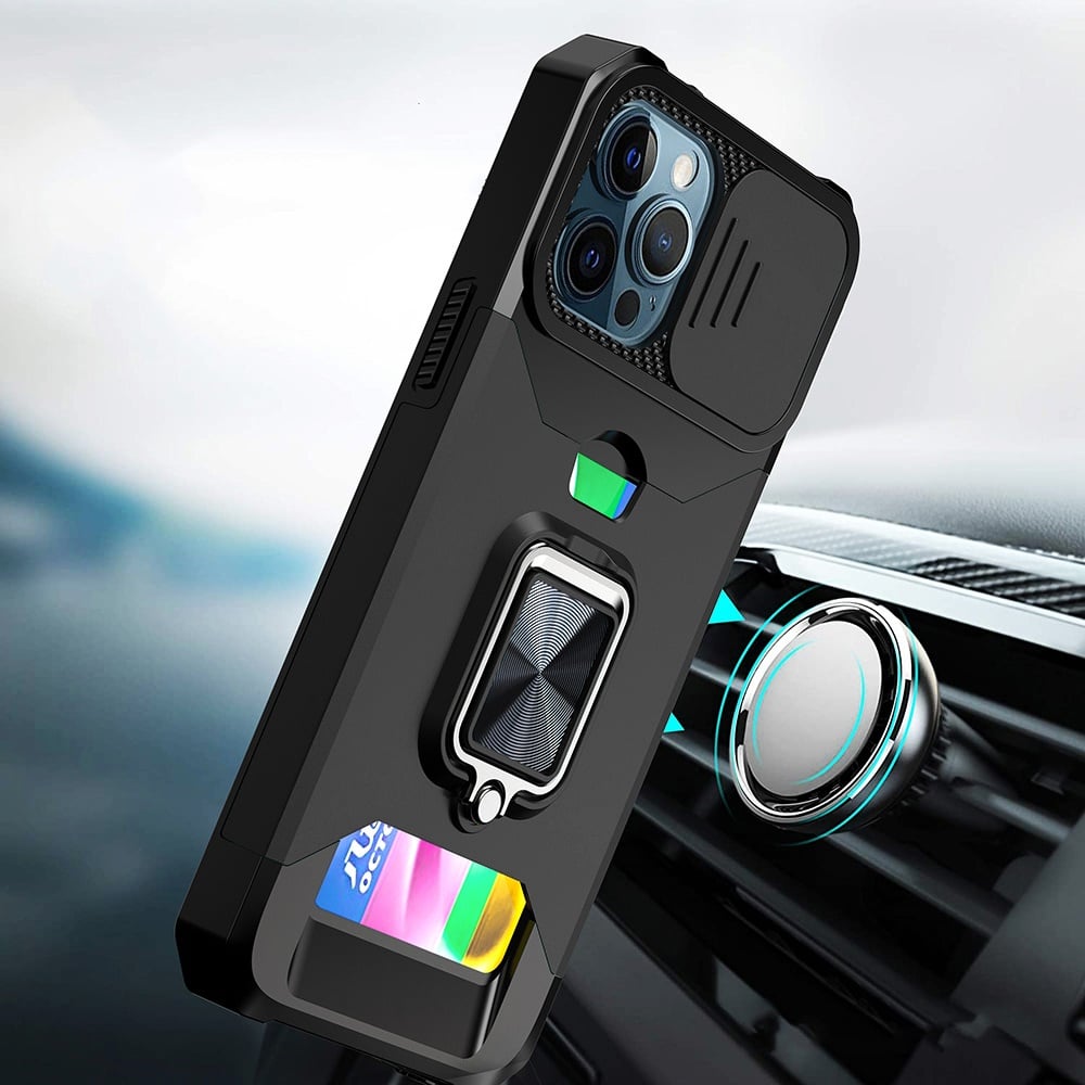 Phone Case for Apple iPhone 12 Pro Max Card Holder Magnetic Ring Stand Shockproof Anti Slip Wallet Grip Protective Hybrid Design Cover Black