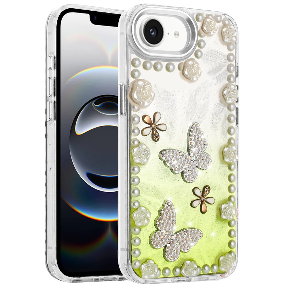 For Apple iPhone 17E /16E Bling Fashion Design with 3D Pearls Epoxy Glitter Ornaments Chrome Edge Hard Slim PC Case Cover