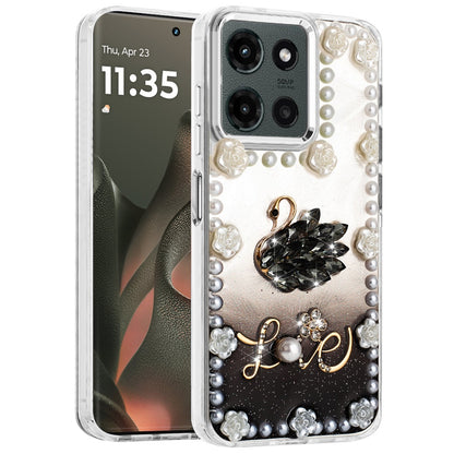 For Motorola Moto G Power 5G 2025 Bling Fashion Design with 3D Pearls Epoxy Glitter Ornaments Chrome Edge Hard Slim PC Case Cover