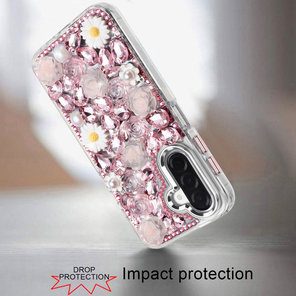 For Samsung Galaxy A17 5G Fashion Daisy Floral Series, Full 3D Bling Crystal Diamonds Sparkling Rhinestone Glitter Hybrid Design Case Cover