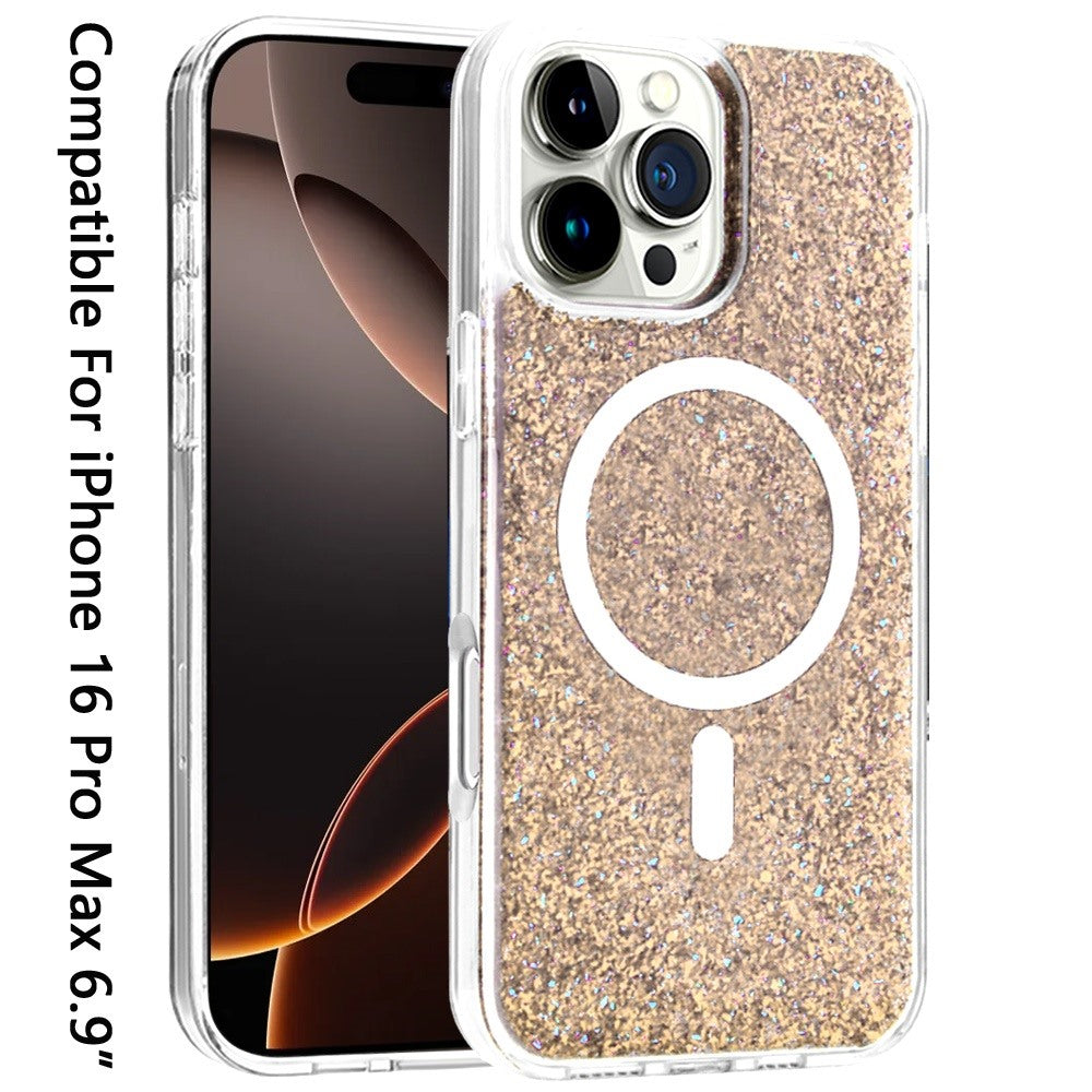 For Apple iPhone 16 Pro Max (6.9") Magnetic MagSafe Wireless Compatible Epoxy Glitter Shiny Sparkle Bling Hybrid Slim PC + TPU Frame Case Cover