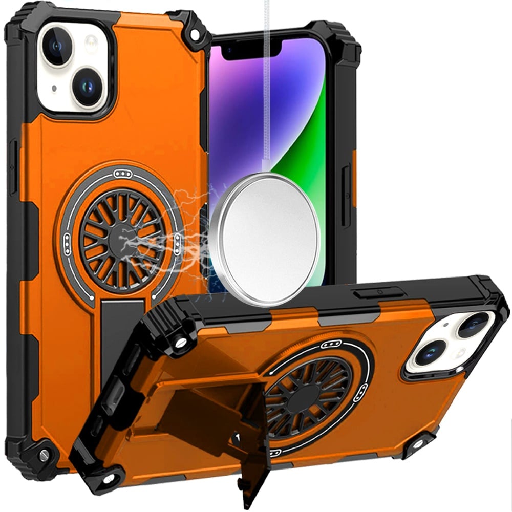 For iPhone 14/13 (6.1") Texture Design Invisible Kickstand Case, MagSafe Compatible Hybrid Shockproof Cover, Car Mount Friendly Case Cover Cosmic Orange