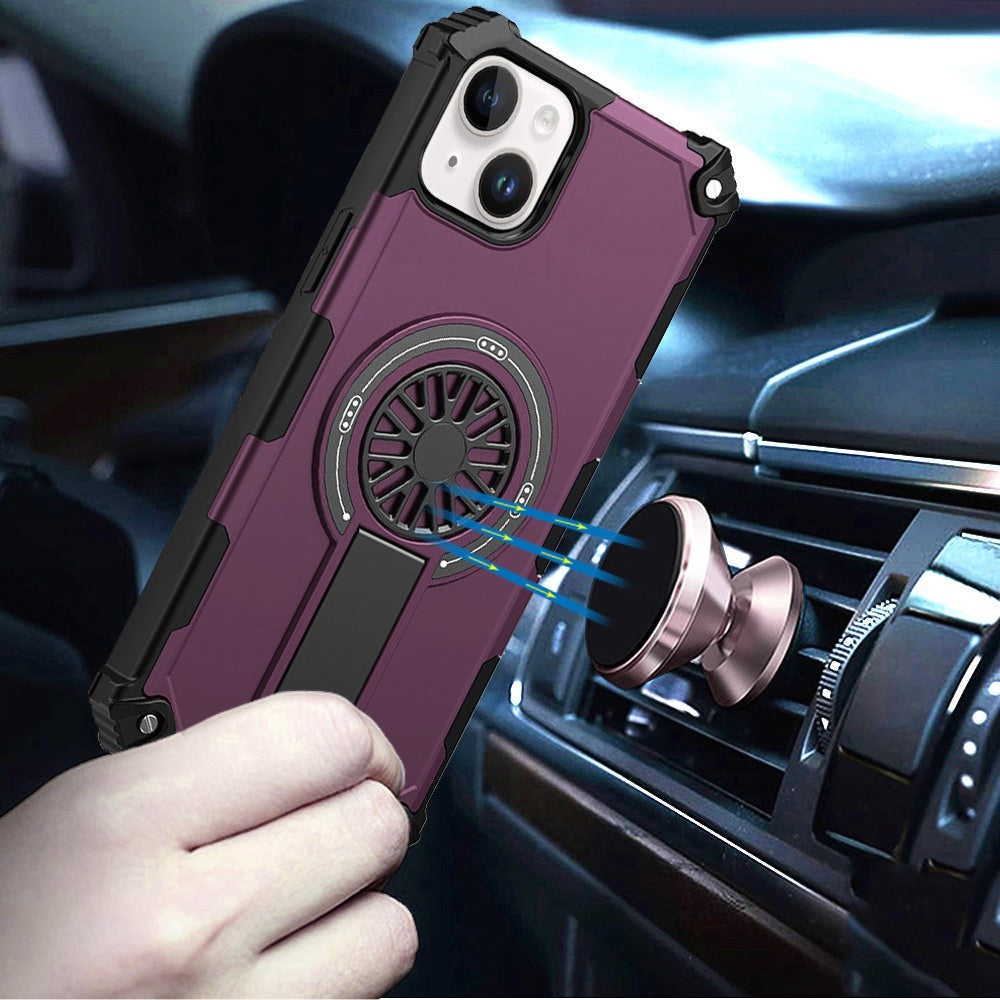 Phone Case for Apple iPhone 15 Invisible Kickstand Magnetic Car Mount Friendly Shockproof Texture Anti Slip Durable Grip Heavy Duty Hybrid Cover Purple