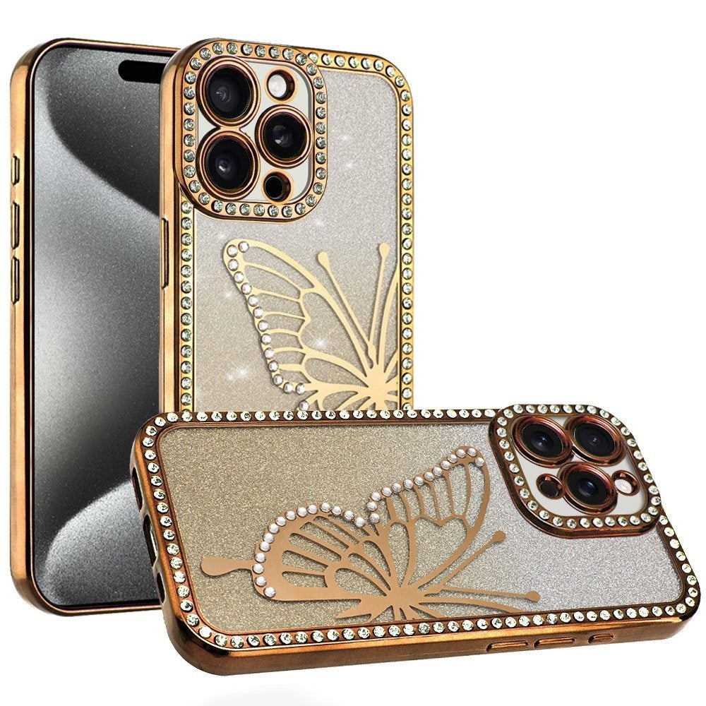 For Apple iPhone 14 Pro Max Butterfly Glitter Diamond Shimmer Hybrid Slim & Stylish Electroplated Sparkly Bling Shockproof TPU Protective Case Cover