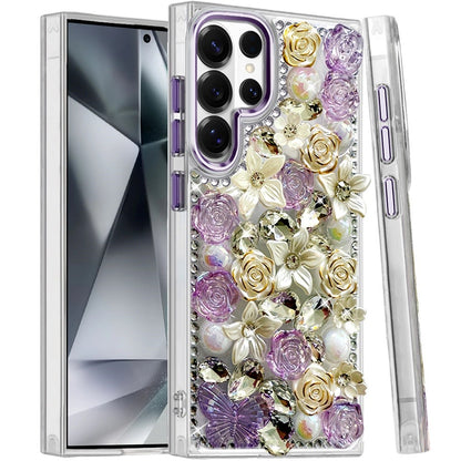 Phone Case for Samsung Galaxy S24 Ultra Luxury Rose Bling Rhinestone Glitter Floral Hybrid Shockproof Stylish Protective Designer Ornament Sparkle Cover