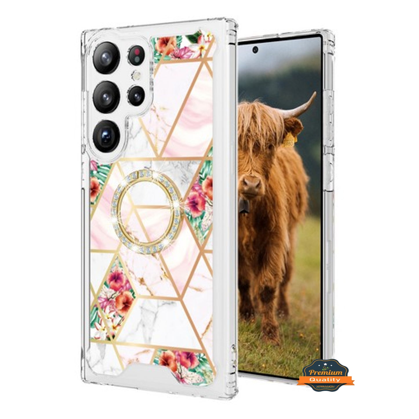 For Samsung Galaxy S25 Ultra Fashion Design Bling Diamond Hybrid Protective Case, Ring Kickstand Hard PC + TPU Case Cover