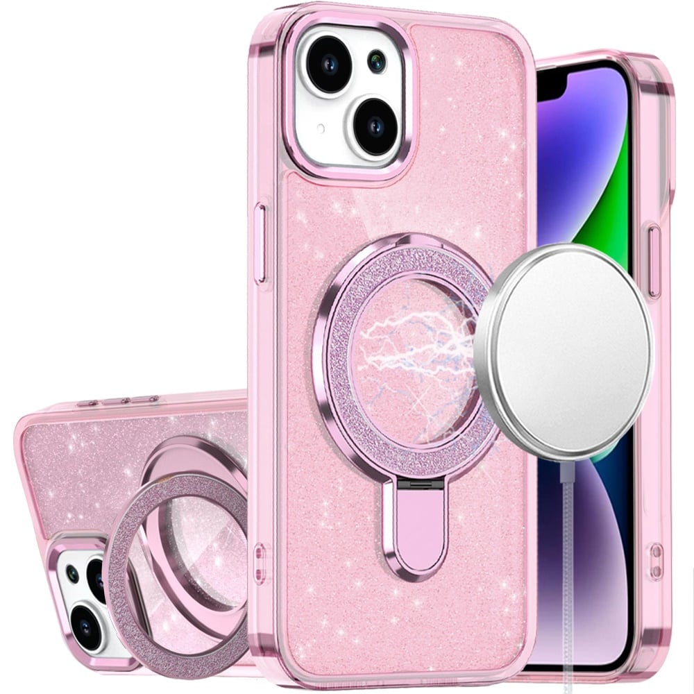 Phone Case for Apple iPhone 14/ iPhone 13 Transparent Glitter Bling Magnetic Ring Stand Shockproof Anti Slip Rotating Grip Protective Hybrid Durable Armor Cover Pink
