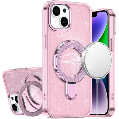 Phone Case for Apple iPhone 14/ iPhone 13 Transparent Glitter Bling Magnetic Ring Stand Shockproof Anti Slip Rotating Grip Protective Hybrid Durable Armor Cover Pink