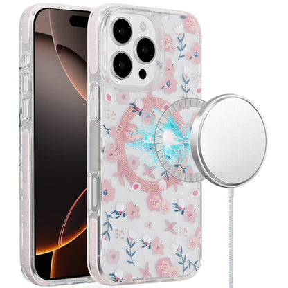 For Apple iPhone 16 Pro Double Layer Fashion IMD Magnetic Hybrid Shockproof Protection Stylish Durable Design Secure Grip Slim Case Cover Pink Floral