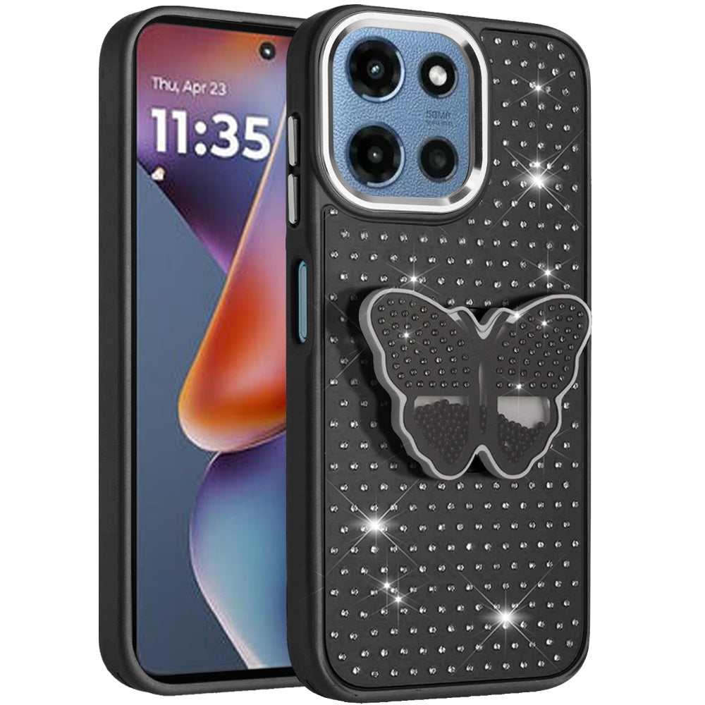 For Motorola Moto G Play 5G 2026 Butterfly Moveable Grip 3D Pop Stand Full Diamond Bling Sparkling TPU Fashion Hybrid Case Cover Pink