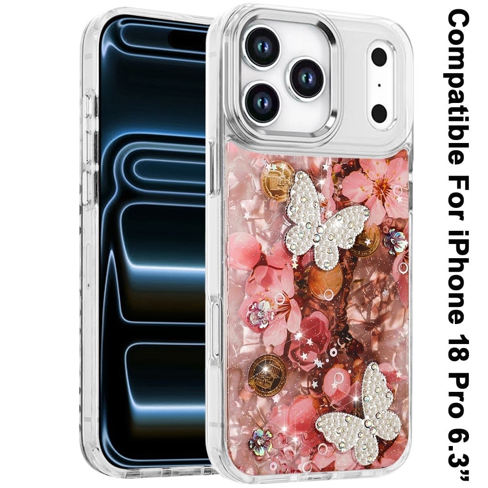 Phone Case for Apple iPhone 18 Pro/ 17 Pro Glitter Butterfly Design Metal Buttons Shockproof Hybrid TPU + PC Durable Protective Slim Grip Stylish Cover