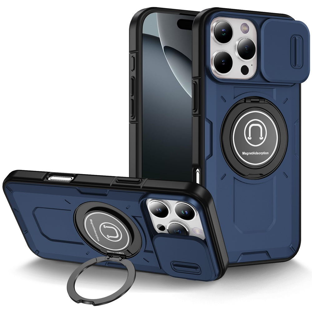 For Apple iPhone 16 Pro Max Build in Invisible Magnetic Ring Stand with Slide Camera Protector, fit Magnetic Car Mount [Compatible with MagSafe] Case Cover