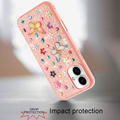 Phone Case for Apple iPhone 16 3D Butterfly Diamond Bling Glitter Shockproof Stylish Protective Luxury Hybrid Sparkly Durable Grip Design Cover Pink