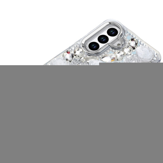For Samsung Galaxy S25 FE, S25 Fan Edition Fashion Daisy Floral Series, Full 3D Bling Crystal Diamonds Sparkling Rhinestone Glitter Hybrid Design Case Cover White