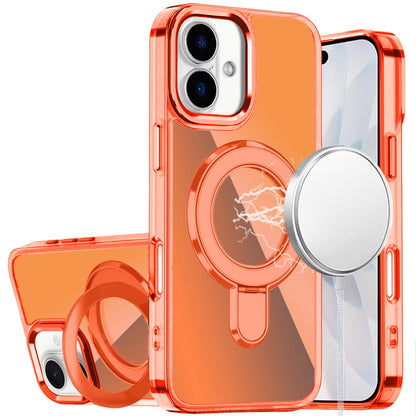 For Apple iPhone 17 (6.3") Chrome Hybrid with Rotating Magnetic Circle Ring Stand, Slim Shockproof Hybrid Case Cover Cosmic Orange