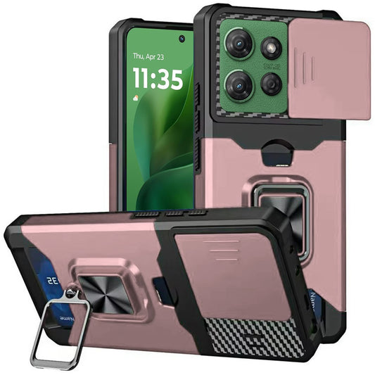 For Motorola Moto G Power 5G 2025 Wallet Case with Ring Stand & Slide Camera Cover Back Credit Card Slot Holder, Military Grade Case Cover Rose Gold