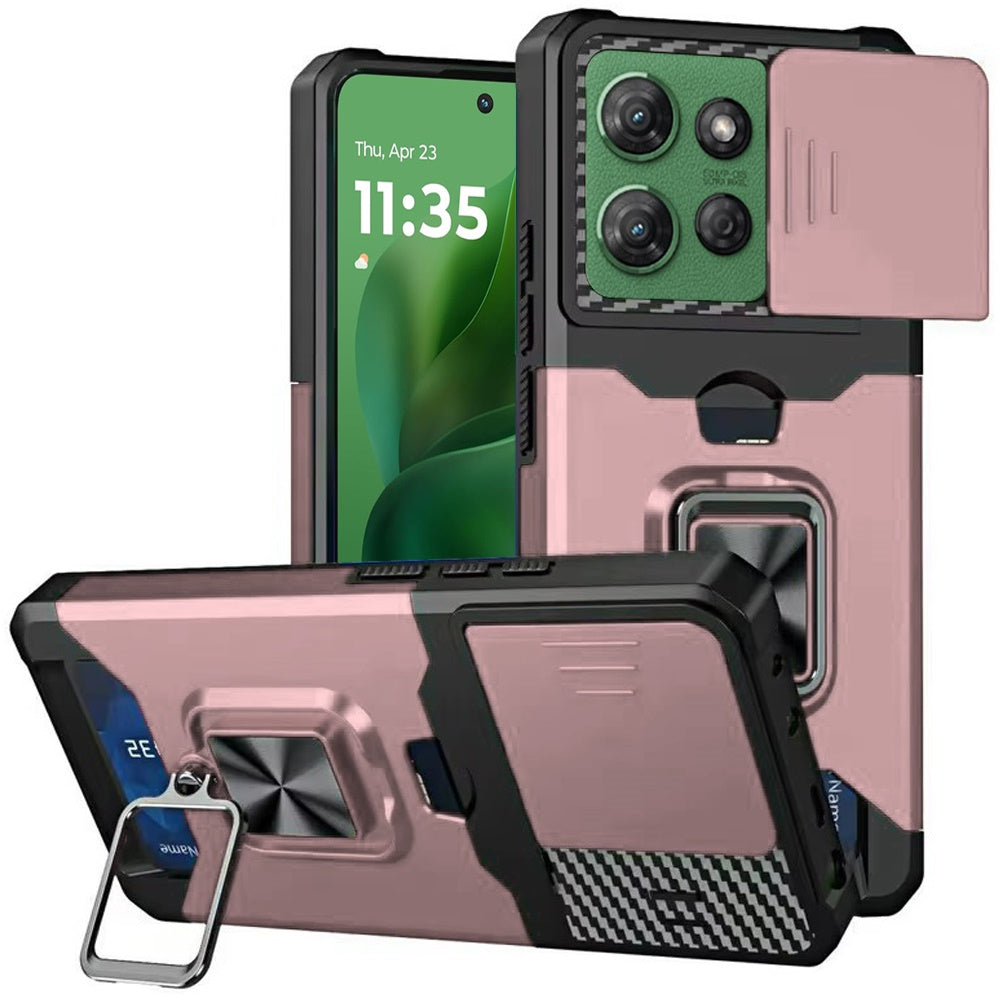 For Motorola Moto G 5G /Moto G 2025 Wallet Case with Ring Stand & Slide Camera Cover Back Credit Card Slot Holder, Military Grade Case Cover Rose Gold