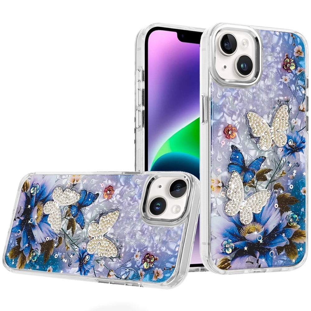 Phone Case for Apple iPhone 14 /iPhone 13 Glitter Butterfly Design Metal Buttons Shockproof Hybrid TPU + PC Durable Protective Slim Grip Stylish Cover