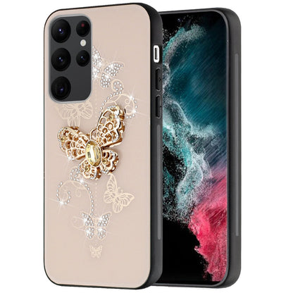 For Samsung Galaxy S24 FE Diamonds 3D Butterfly Bling Sparkly Glitter Ornaments Engraving Hybrid Metal Fashion Case Cover Gold Garden Butterflies