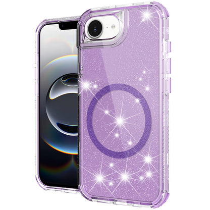 For Apple iPhone 17E /16E Magnetic Circle Compatible with Magsafe, Bling Glitter Sparkle 3-in-1 Hybrid Shockproof TPU Bumper Case Cover Purple
