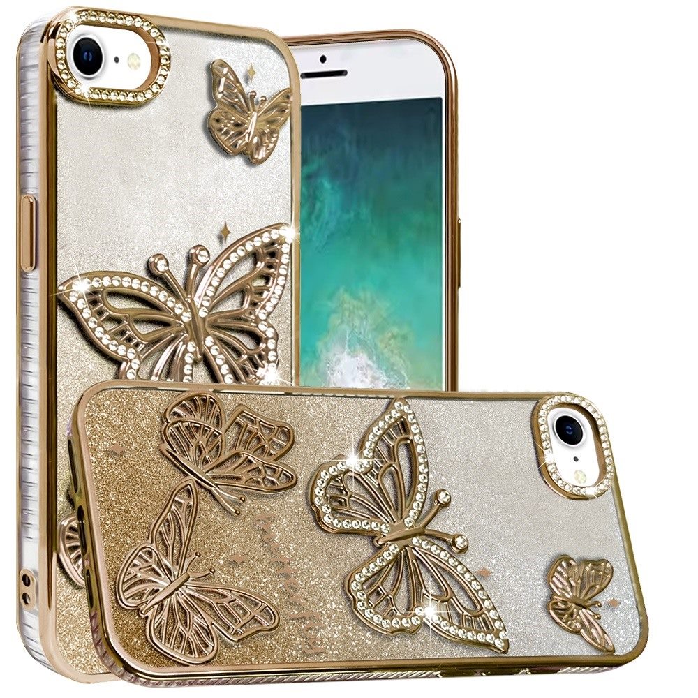 For Apple iPhone 17E /16E Luxury Butterfly Sparkle Glitter Diamond Crystal Rhinestone Shimmer Bling Plating Thick TPU Hard PC Case Cover