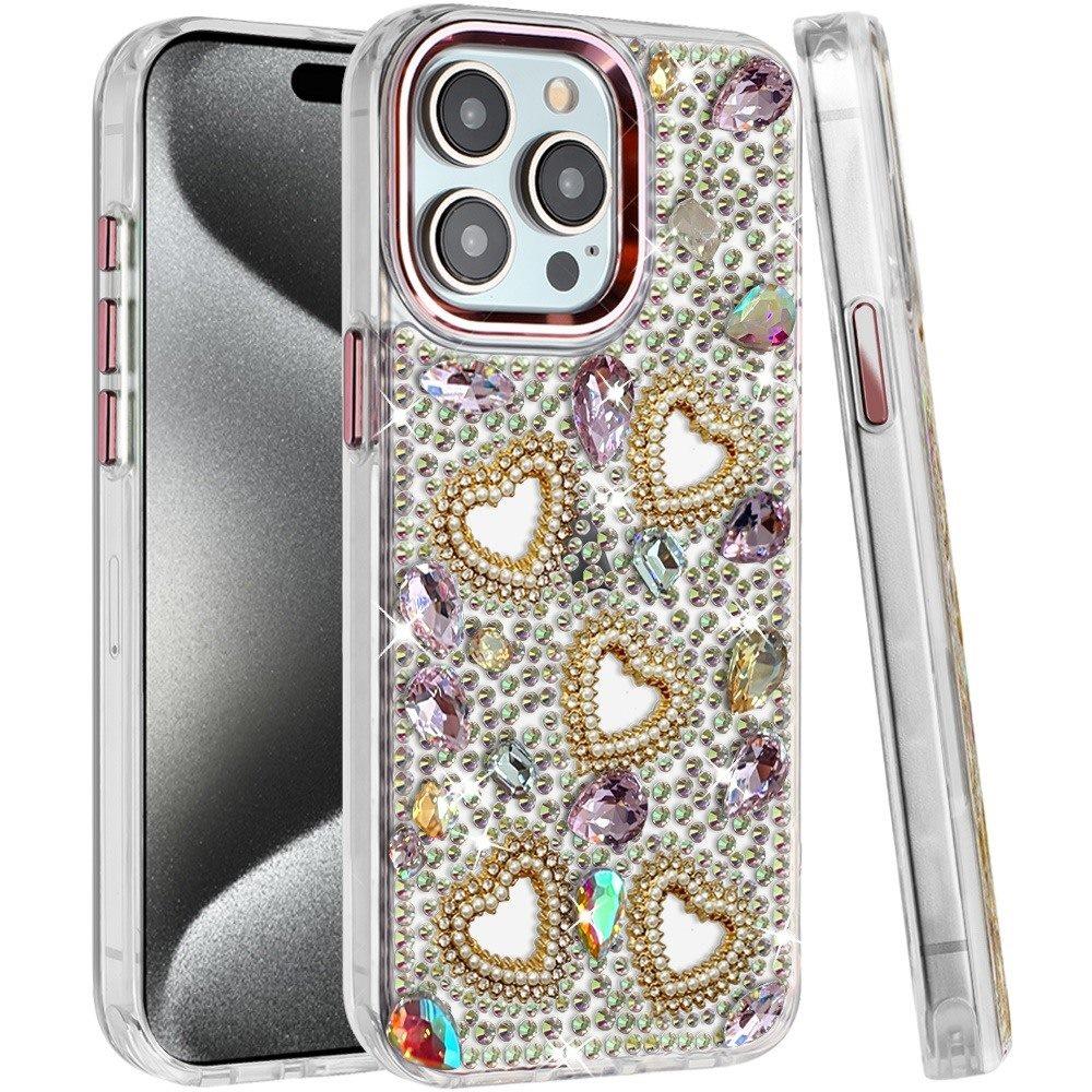 Phone Case for iPhone 15 Pro (6.1") Luxury Crystal Heart Rhinestone Diamond Bling Shockproof Hybrid Glitter Protective Stylish Durable Grip Cover