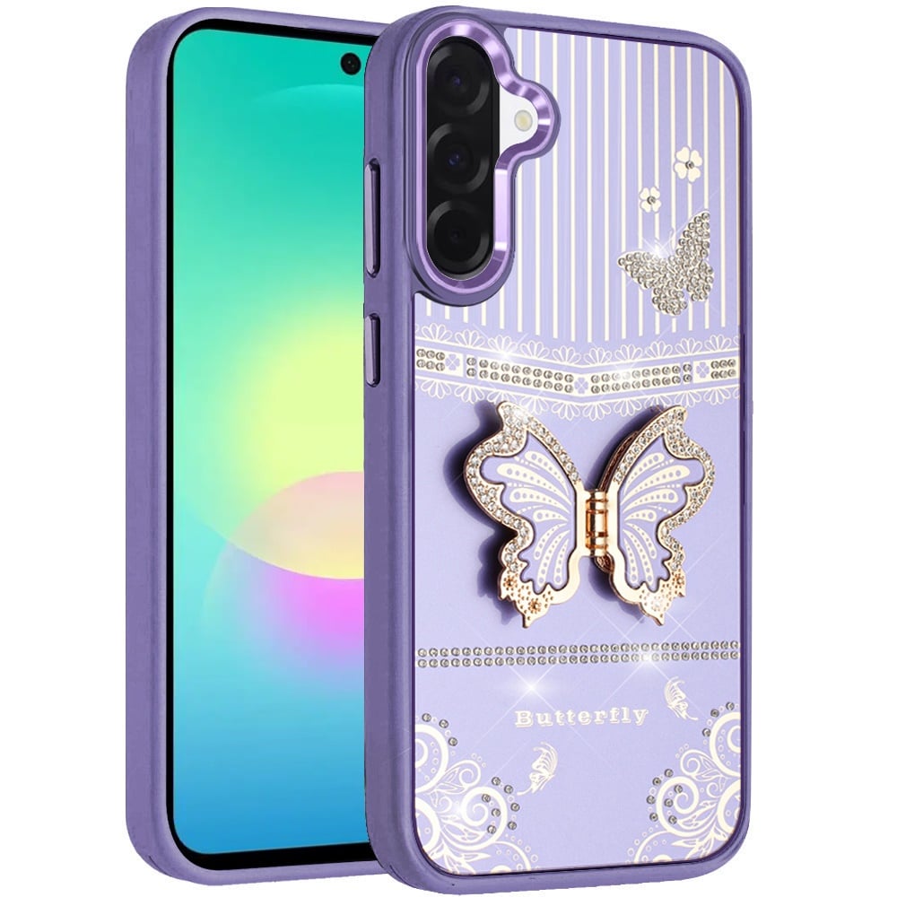 Phone Case for Samsung Galaxy A27 Glitter Bling Butterfly Stand Metallic Edge Hybrid Shockproof Grip Durable Camera Protection Stylish Design Cover