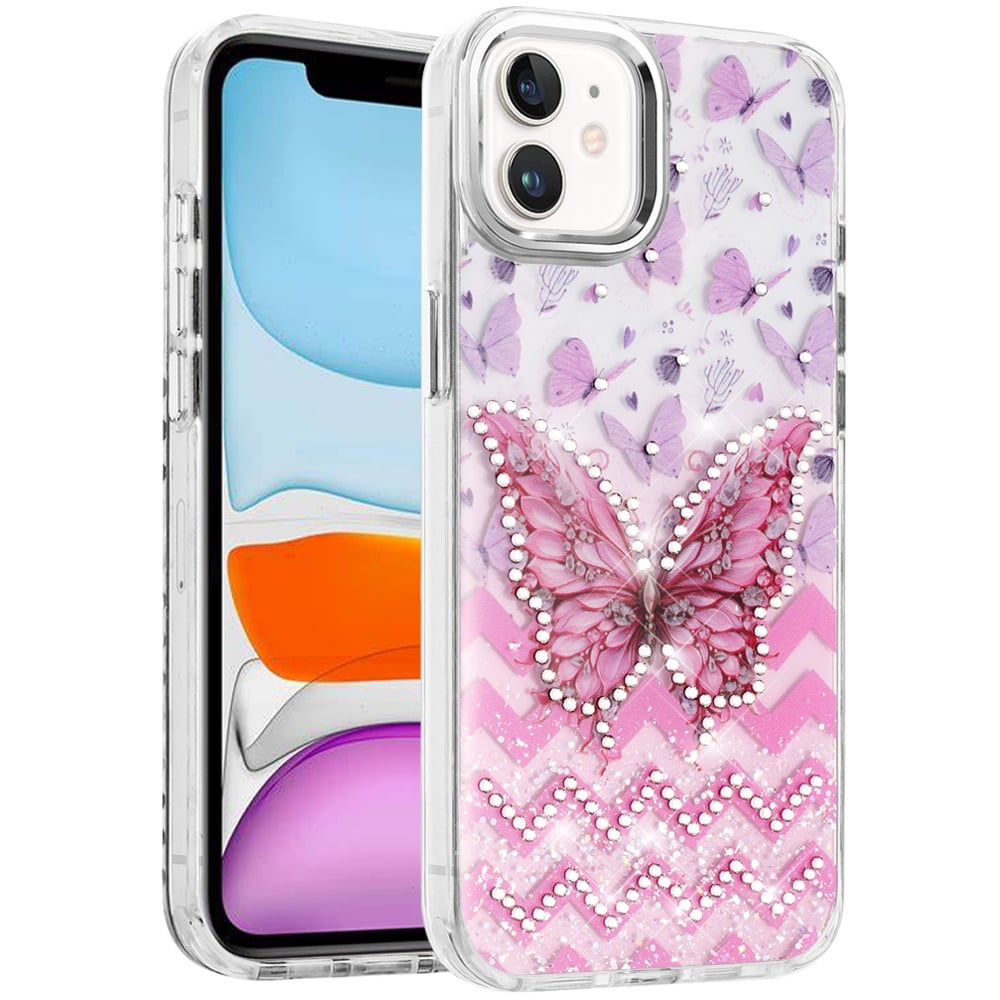 Phone Case for Apple iPhone 11 Butterfly Resin Epoxy Diamond Bling Metal Edge Shockproof Hybrid Luxury Protective Durable Stylish Fashion Grip Cover Light Pink