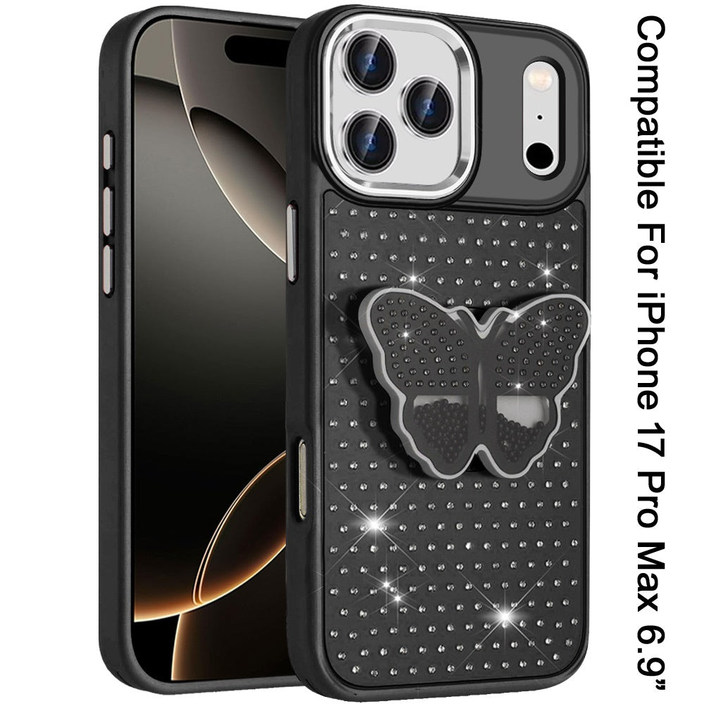 For Apple iPhone 17 Pro Max (6.9") Butterfly Moveable Grip 3D Pop Stand Full Diamond Bling Sparkling TPU Fashion Hybrid Case Cover